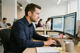Spécialiste SEO analysant des données de performance sur deux écrans dans un bureau moderne