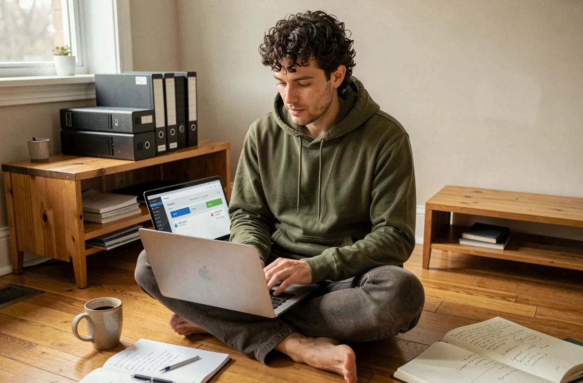 Jeune homme configurant une solution de stockage cloud sécurisé sur ordinateur portable dans un bureau à domicile