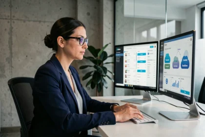 Femme professionnelle analysant des interfaces de stockage de données sécurisées sur deux écrans dans un bureau moderne