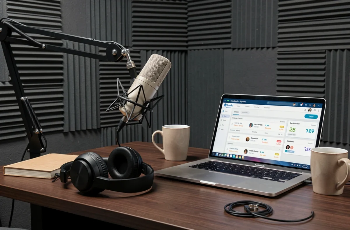 Studio d'enregistrement de podcast avec microphone, casque et statistiques d'écoute sur ordinateur