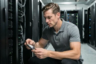 Technicien informatique manipulant un disque dur dans une salle de serveurs professionnelle