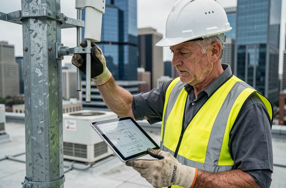 Technicien en télécommunications inspectant une antenne relais sur un toit en milieu urbain avec tablette numérique