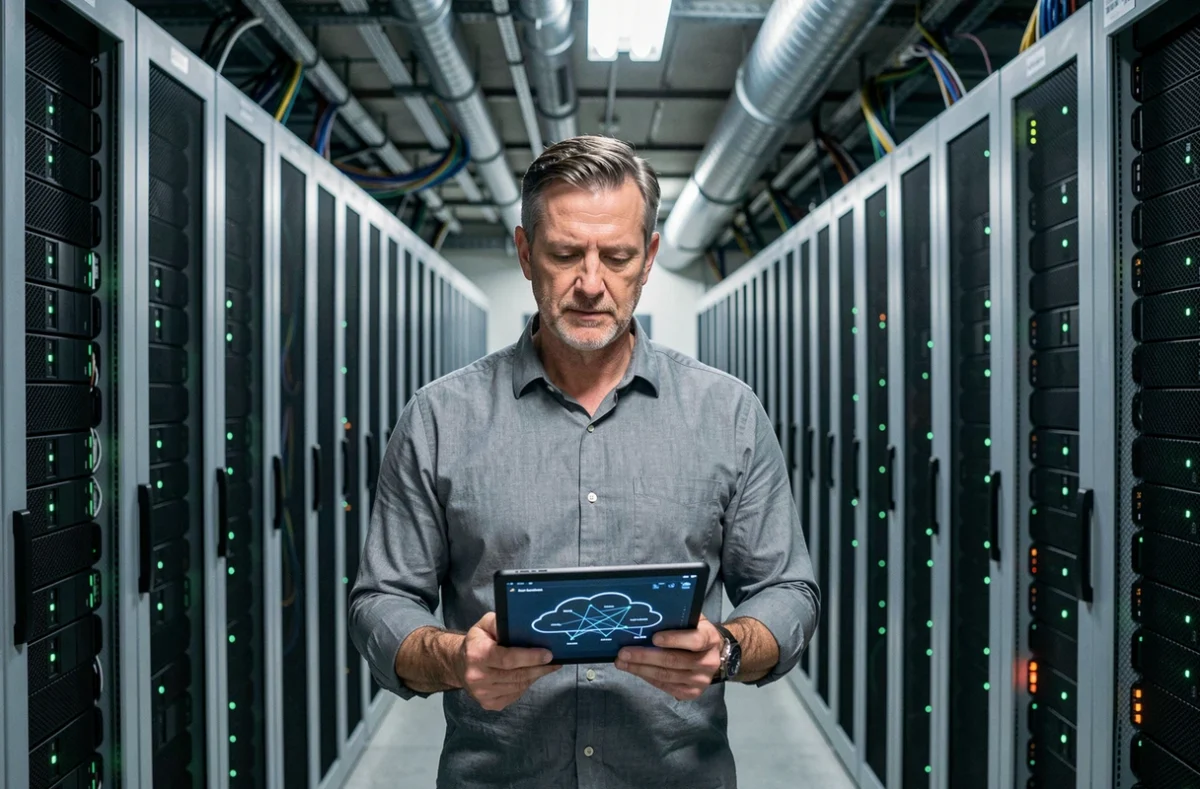 Technicien informatique dans une salle de serveurs tenant une tablette affichant un schéma de réseau cloud
