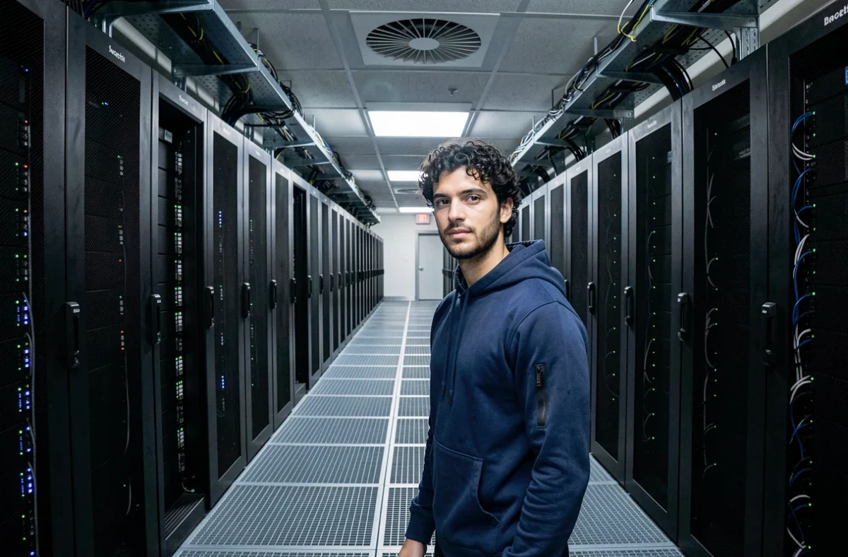 Technicien dans une salle de serveurs représentant le stockage de données en nuage