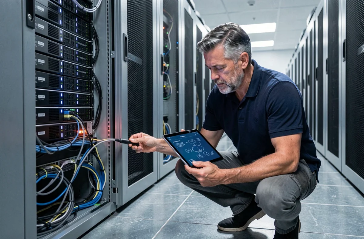 Technicien inspectant des serveurs dans un centre de données illustrant l'infrastructure physique du cloud