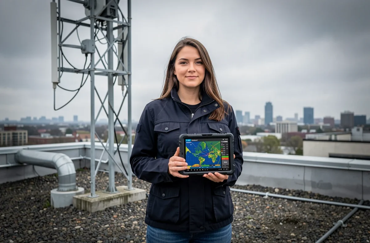 Technicienne réseau sur un toit urbain inspectant une antenne de connexion Edge avec une tablette de terrain