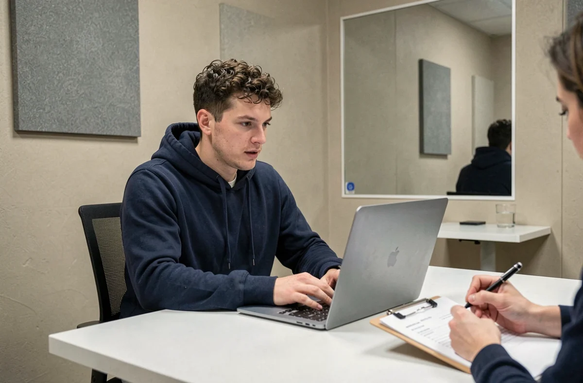 Un participant réalisant un test utilisateur dans un laboratoire UX équipé d'un miroir sans tain et d'un ordinateur portable