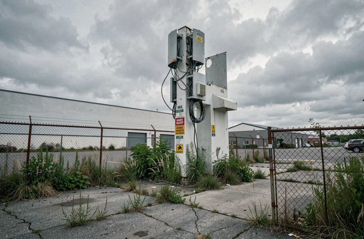 Tour de téléphonie cellulaire abandonnée et partiellement démontée dans une zone industrielle périurbaine envahie par la végétation