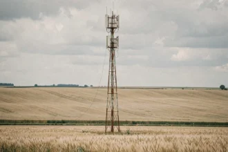 Tour de téléphonie cellulaire en milieu rural entourée de champs de blé dorés sous un ciel nuageux
