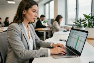 Femme travaillant sur un tableur Excel dans un bureau moderne, saisie de données sur ordinateur portable