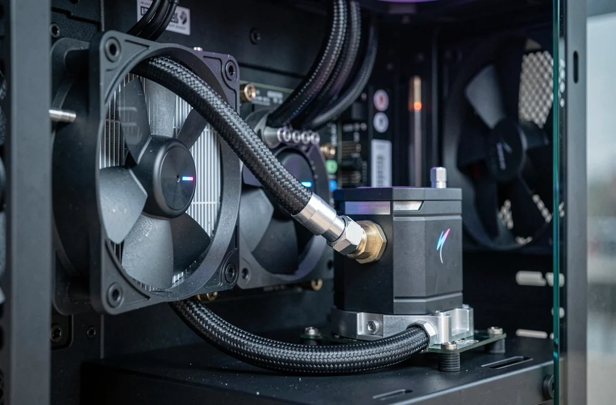 Système de watercooling AIO avec radiateur 240mm et pompe installés dans un boîtier PC vitré