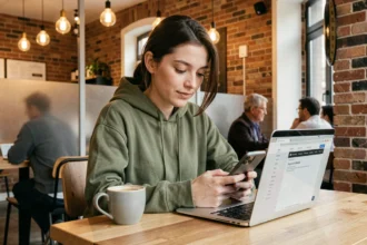 Jeune femme utilisant le Wi-Fi gratuit d'un café sur son smartphone et son ordinateur portable